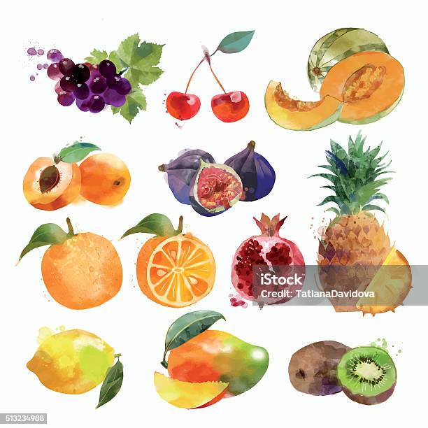 Watercolor Set Of Fruits Stok Vektör Sanatı & Meyve‘nin Daha Fazla Görseli - Meyve, İllüstrasyon, Mango