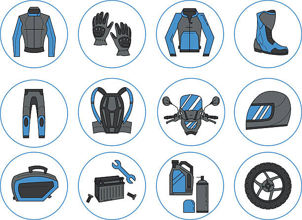 illustrations, cliparts, dessins animés et icônes de vecteur ensemble de symboles de moto - motorcycle mirror biker glove