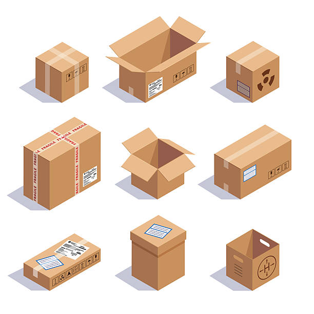 Collection of cardboard boxes Collection of cardboard boxes. Opened, closed, sealed, cubic, big and small. Red striped and bow tied confetti explosion. Flat style vector illustration isolated on white background. giant cube stock illustrations