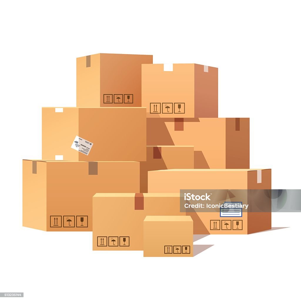 Pile of stacked sealed goods cardboard boxes Pile of stacked sealed goods cardboard boxes. Flat style vector illustration isolated on white background. Box - Container stock vector