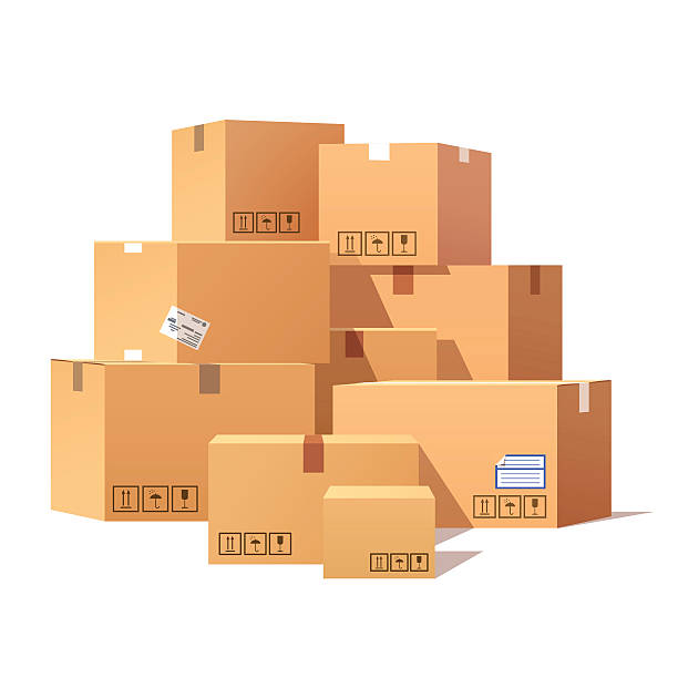 Pile of stacked sealed goods cardboard boxes Pile of stacked sealed goods cardboard boxes. Flat style vector illustration isolated on white background. cargo container stock illustrations