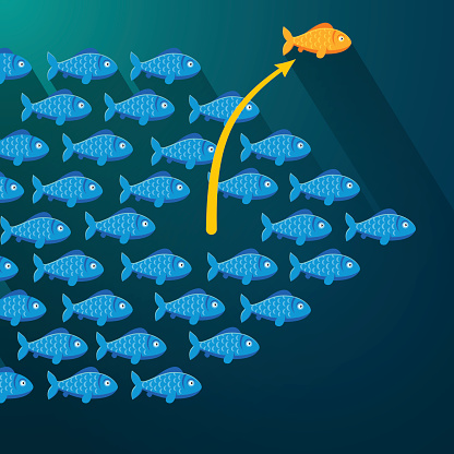 Independent fish break free from its shoal. Entrepreneur concept. Flat style vector illustration.