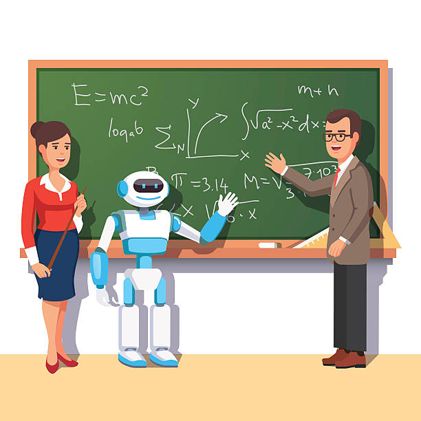 moderne roboter hilft lehrern - physics classroom teaching professor stock-grafiken, -clipart, -cartoons und -symbole