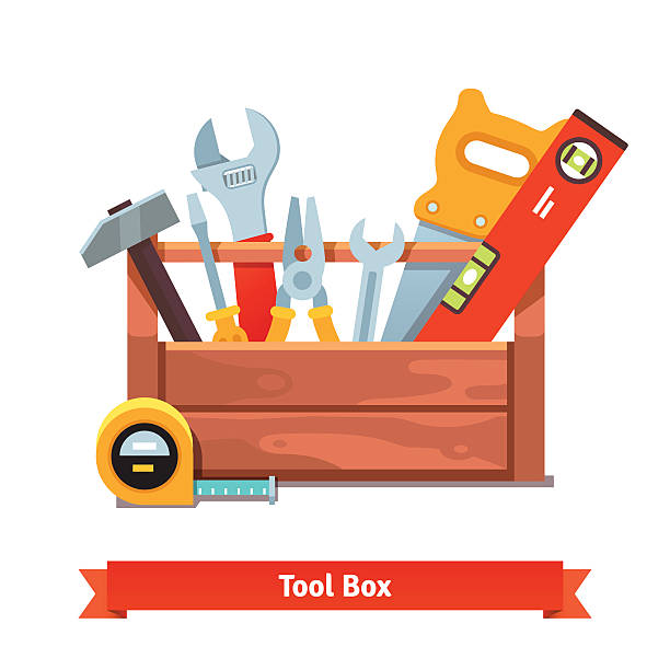 illustrations, cliparts, dessins animés et icônes de boîte à outils en bois complète d'équipements - household tool