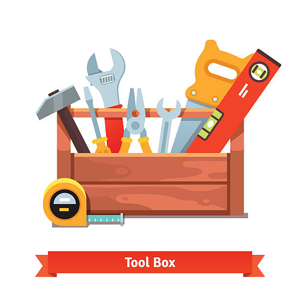 ilustrações de stock, clip art, desenhos animados e ícones de caixa de ferramentas de madeira cheio de equipamento - toolbox