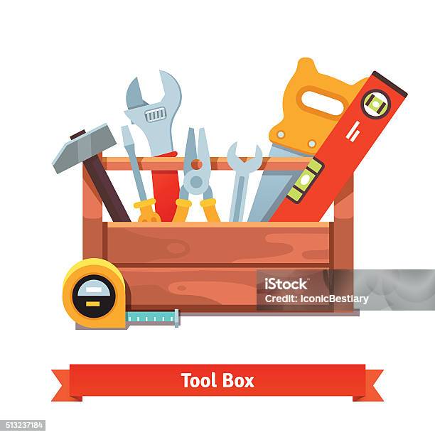 Wooden Toolbox Full Of Equipment Stock Illustration - Download Image Now - Toolbox, Work Tool, Vector