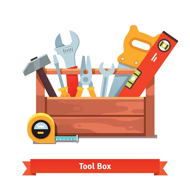 Vector illustration of Wooden toolbox full of equipment