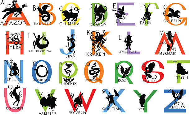 ilustraciones, imágenes clip art, dibujos animados e iconos de stock de alfabeto con siluetas de criaturas mítica - mala de la sirenita