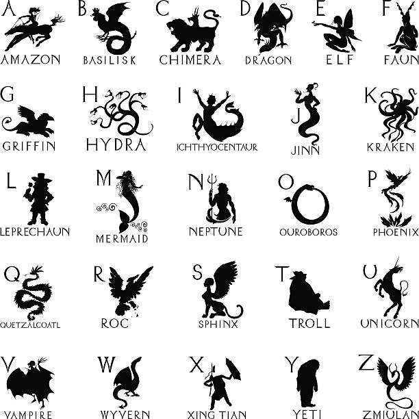 ilustraciones, imágenes clip art, dibujos animados e iconos de stock de alfabeto con siluetas de criaturas mítica - mitologia griega