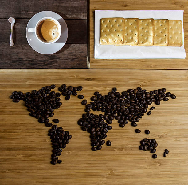 coffee, coffee beans and cake on a wooden table