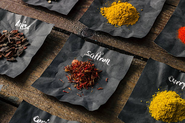 istock Colourful spices on wooden table 513247112