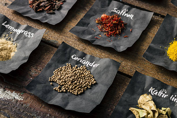 istock Colourful spices on wooden table 513247284