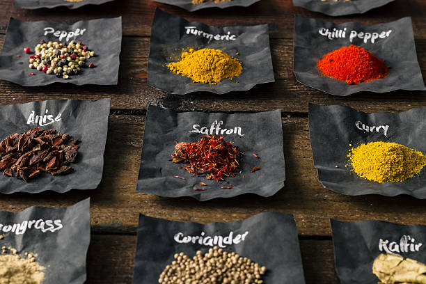 istock Colourful spices on wooden table 513247488