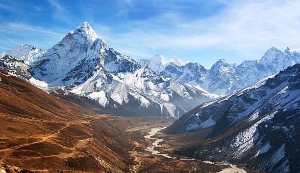 Panoramic beautiful view of mount Ama Dablam Panoramic beautiful view of mount Ama Dablam with beautiful sky on the way to Everest base camp, Khumbu valley, Sagarmatha national park, Everest area, Nepal nepal photos stock pictures, royalty-free photos & images