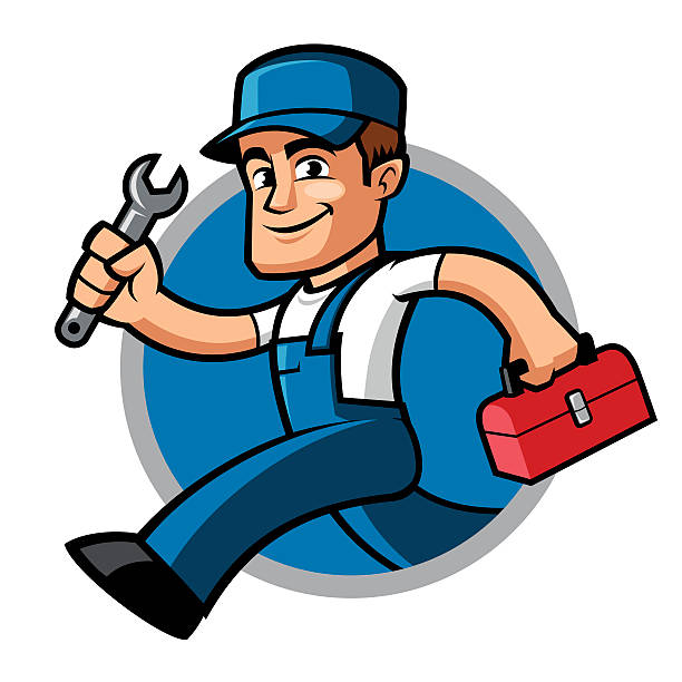 Plumber Plumber, he is running and carries a spanner in his hand service clipart stock illustrations