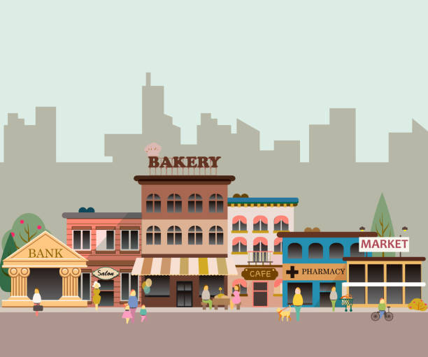 Buildings of small business Set of buildings in the style of small business flat design. Architecture of a small town market, salon, pharmacy, bakery, bank, coffee small business illustrations stock illustrations