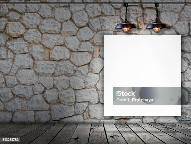Blank Frame On Stone Wall And Wood Floor Stock Photo - Download Image Now - Abstract, Advertisement, Backgrounds