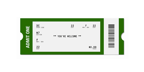 Blank event ticket - game, show, event - in green color. Isolated on white background. Clipping path is included.