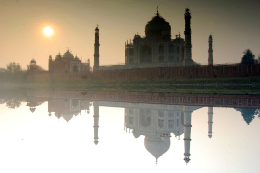 A shot of the Taj in India taken from across, and reflecting in, the river Yamuna. 