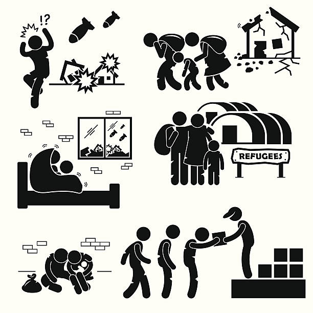 ilustraciones, imágenes clip art, dibujos animados e iconos de stock de los refugiados evacuado guerra pictograma cliparts - displaced persons camp illustrations