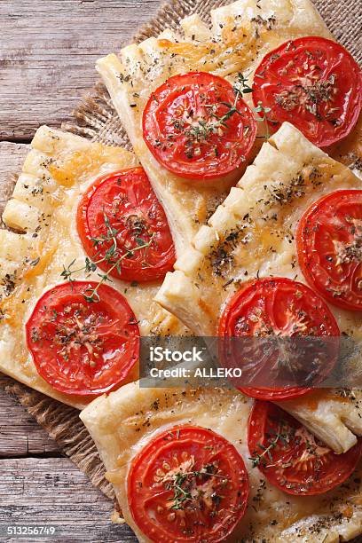 Puff Pastry With Tomato And Cheese Vertical Top View Stock Photo - Download Image Now