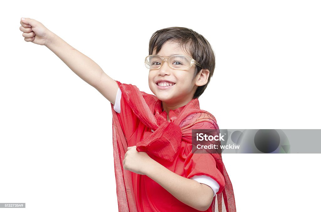 little boy está decorado como un superhéroe flying - Foto de stock de Actividad libre de derechos