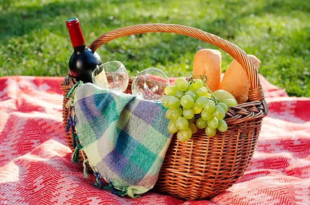 Picnic basket filled with fruit,bread and red wine.