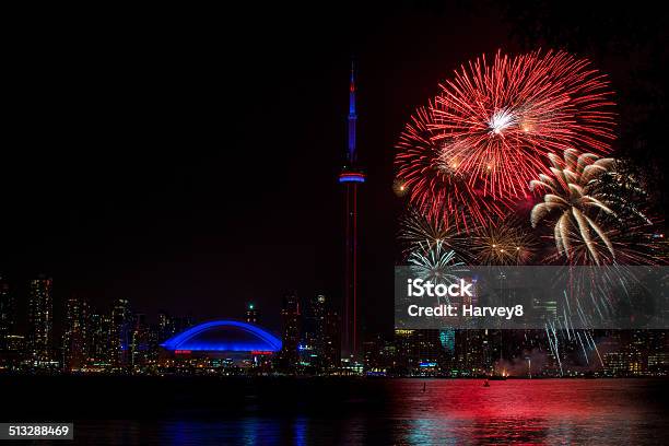 Colorful Fireworks With Cn Tower At Night Stock Photo - Download Image Now - Happiness, Awe, Beauty