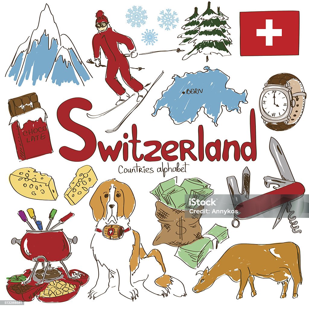 Collection of Switzerland icons Fun colorful sketch collection of Switzerland icons, countries alphabet Switzerland stock vector