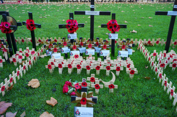 papavero cerimoniale giorno per veterani di westminster a londra, inghilterra, regno unito - ceremony poppy church us memorial day foto e immagini stock