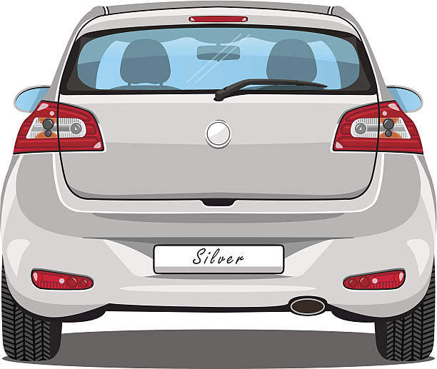 illustrazioni stock, clip art, cartoni animati e icone di tendenza di vettore auto-vista posteriore-argento - car rear view behind car trunk