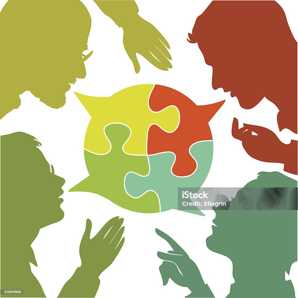 dialogue silhouettes of people leading dialogues with colorful speech bubbles. Speech bubbles in the form of puzzles. Dialogue and consensus. Discussion stock vector