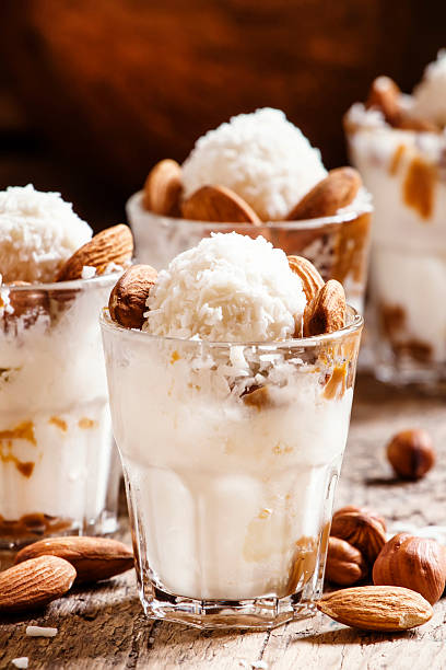 istock Dessert with vanilla ice cream, nut sauce, almond 513293722