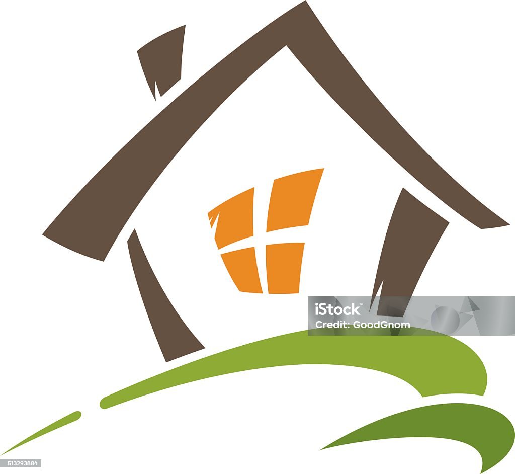 Home icon Wooden house on the green hills House stock vector