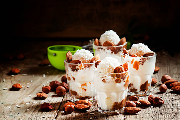 istock Dessert with vanilla ice cream, nut sauce, almond 513294010