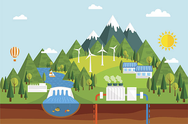 ilustrações, clipart, desenhos animados e ícones de fontes de energia ecológica - hydroelectric power