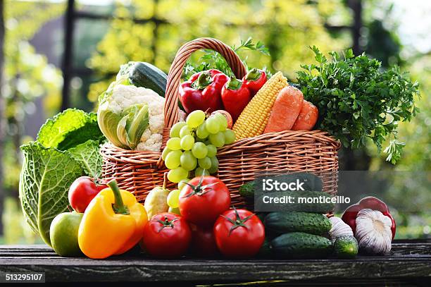 Wicker Basket With Assorted Raw Organic Vegetables In The Garden Stock Photo - Download Image Now