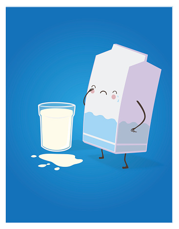 A milk carton crying over spilt milk. In the background there is a glass of milk.
