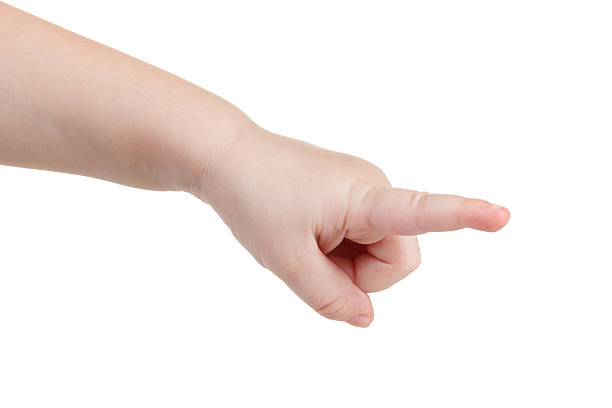 Gesture, a lovely child's hand indicates the direction stock photo