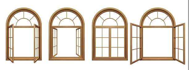 Photo of Collection of wooden arched windows isolated on white