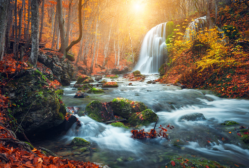 Beautiful waterfall at mountain river in colorful autumn forest with red and orange leaves at sunset. Nature landscape