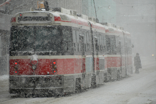 streetcar in toronto under snowstorm