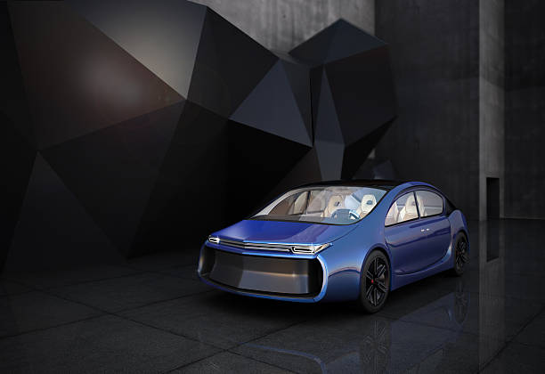 istock Blue electric car in front of geometric object background. 513301908