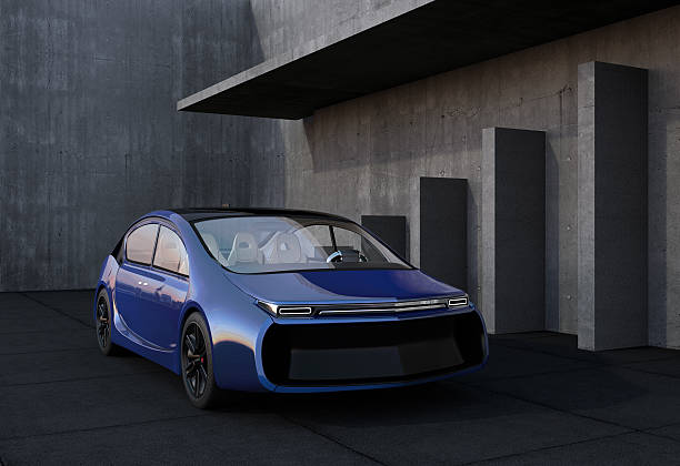istock Blue electric car in front of geometric object background. 513301934