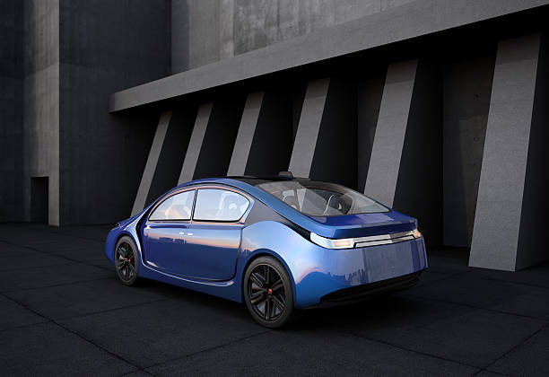 istock Rear view of blue electric car 513301956