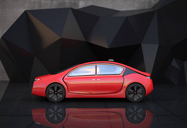 istock Red electric car in front of geometric object background. 513301988