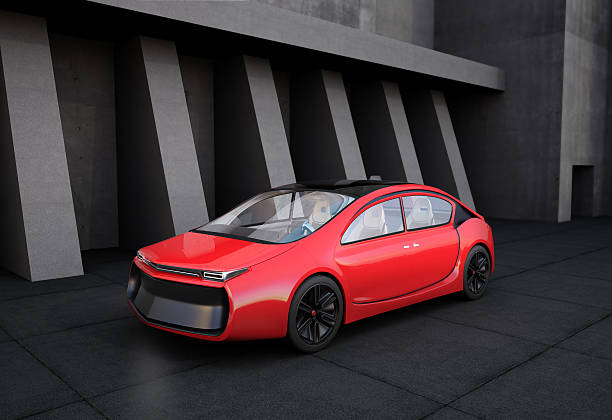 istock Red electric car in front of geometric object background. 513302042