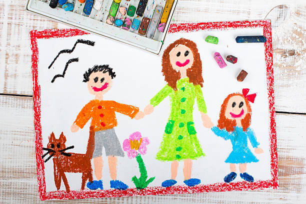 istock oil pastels drawing: single mother and kids 513304124