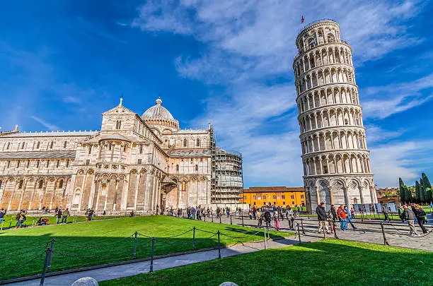 Italy, Pisa, Piazza del Duomo - shot at the monuments in piazza del duomo where there is the famous leaning tower of Pisa