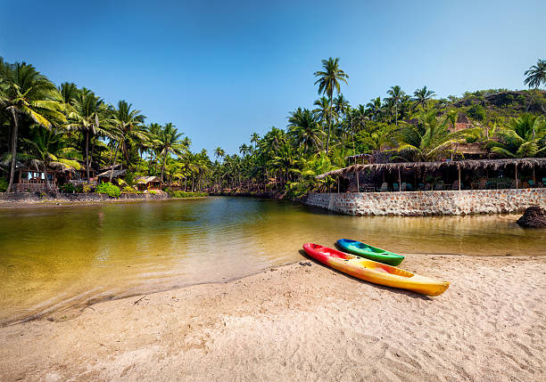 kajak boote am strand von goa - kayaking kayak sea coastline stock-fotos und bilder